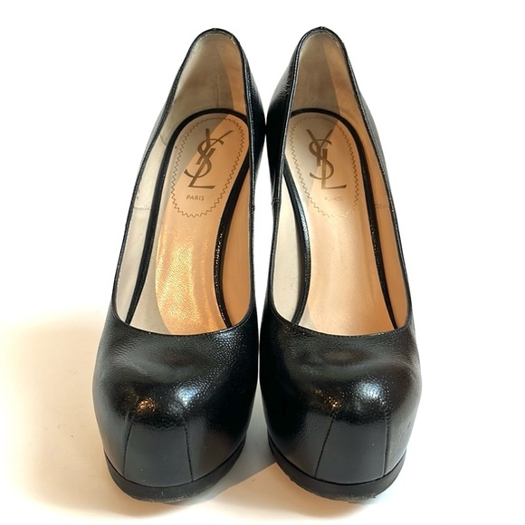YSL Tribtoo Black-Embossed Leather Platform Pumps - Picture 2 of 11